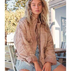 Free People Jacket Women's S Brown Champagne Diamonds Dolman Quilted Knit Cotton